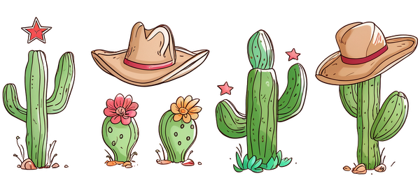 A charming collection of cartoon cacti, each adorned with colorful flowers or playful straw hats, bringing a joyful desert vibe.UV Transfers heat press transfers