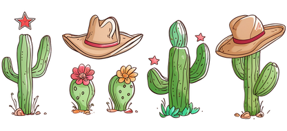 A charming collection of cartoon cacti, each adorned with colorful flowers or playful straw hats, bringing a joyful desert vibe.UV Transfers heat press transfers