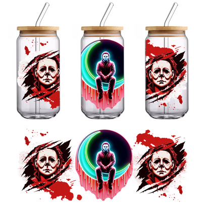 A vibrant graphic featuring the iconic horror character Michael Myers, surrounded by bold splashes of red and a neon crescent.UV Transfers dtf prints