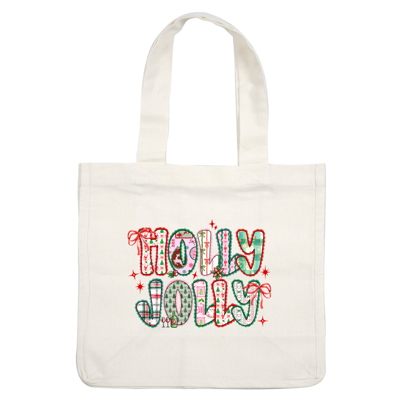 Vibrant holiday-themed text spells “Molly Jolly” with festive patterns and colors.DTF Transfers