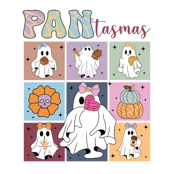 Un diseño extravagante con temática de Halloween que presenta simpáticos fantasmas amantes de la comida en una cuadrícula colorida con accesorios y golosinas divertidos.