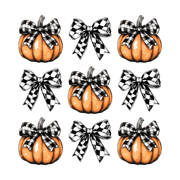 A charming arrangement of nine illustrated pumpkins adorned with black and white checkered bows, perfect for autumn decor. dtf prints