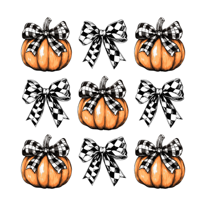 A charming arrangement of nine illustrated pumpkins adorned with black and white checkered bows, perfect for autumn decor. dtf prints