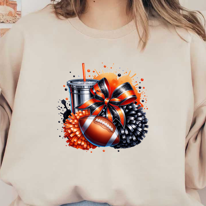 A vibrant design featuring a football, pom-poms, a festive bow, and a drink, perfect for game day celebrations!DTF Transfers dtf prints