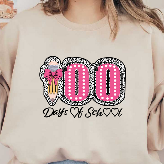 A vibrant graphic featuring the number "100" adorned with a playful pencil and pink bow, set against a speckled background.DTF Transfers