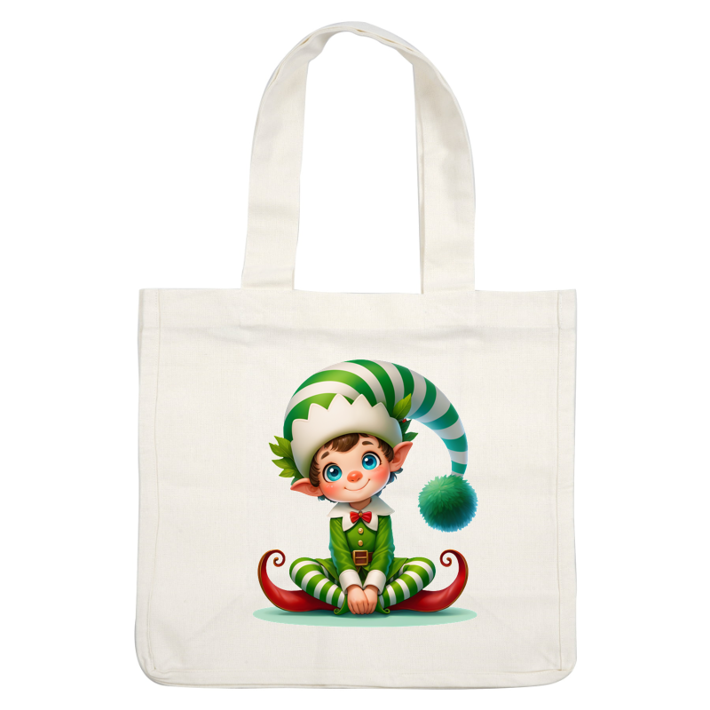 A cheerful young elf in a striped green and white outfit, complete with a playful hat and a big smile.DTF Transfers heat press transfers