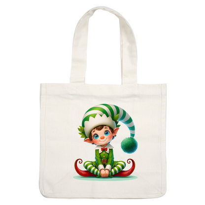 A cheerful young elf in a striped green and white outfit, complete with a playful hat and a big smile.DTF Transfers heat press transfers