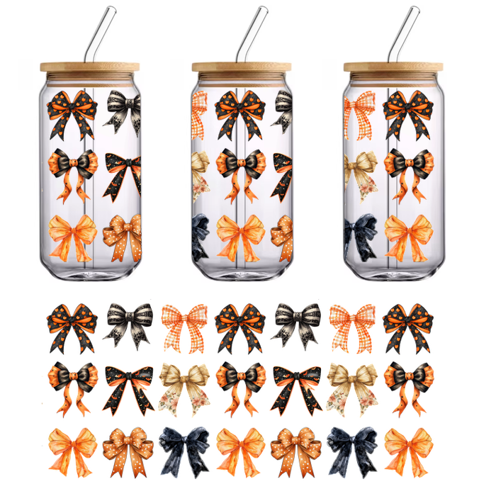 Una colección vibrante de lazos decorativos en naranja, negro y crema, con varios patrones y estilos perfectos para ocasiones festivas. Transferencias UV