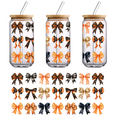 Una colección vibrante de lazos decorativos en naranja, negro y crema, con varios patrones y estilos perfectos para ocasiones festivas. Transferencias UV