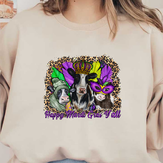 Celebrate Mardi Gras with this fun illustration featuring three stylish cows adorned in festive accessories against a vibrant leopard print background!DTF Transfers