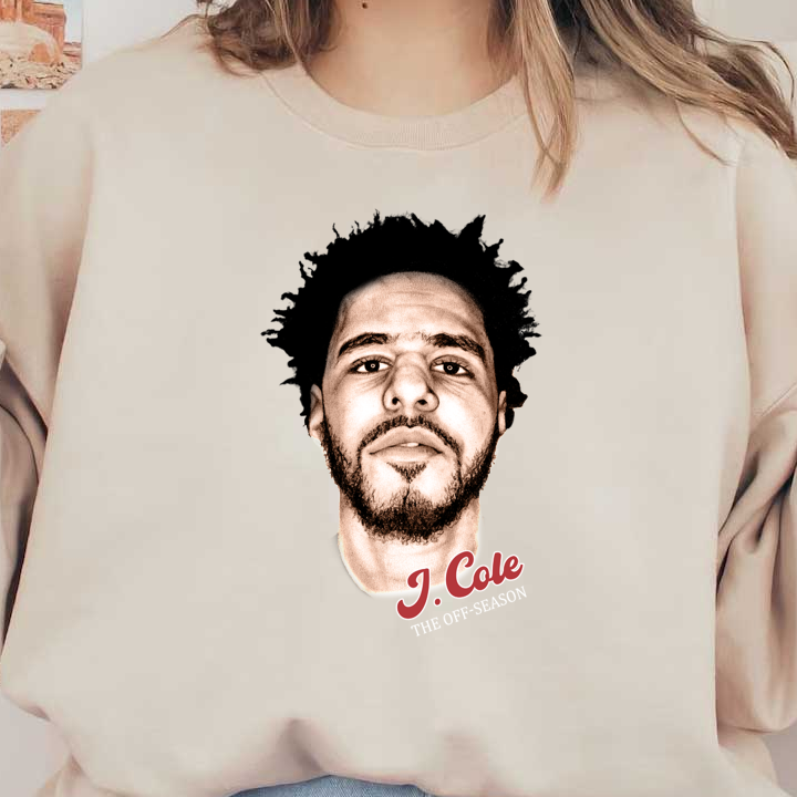 A stylized portrait of J. Cole featuring prominent facial features with the text "J. Cole - THE OFF-SEASON" in a vibrant font.DTF Transfers dtf transfers