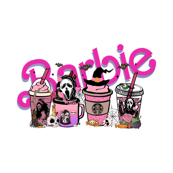 A playful illustration featuring colorful spooky-themed drinks alongside vibrant "Barbie" lettering, blending fun and Halloween vibes. heat press transfers