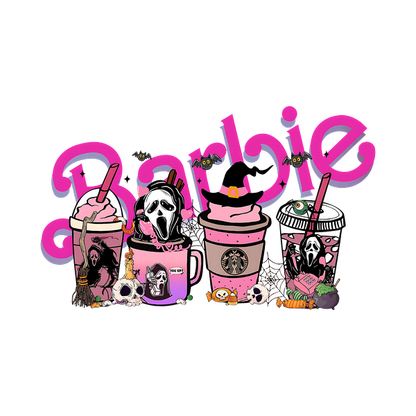 A playful illustration featuring colorful spooky-themed drinks alongside vibrant "Barbie" lettering, blending fun and Halloween vibes. heat press transfers