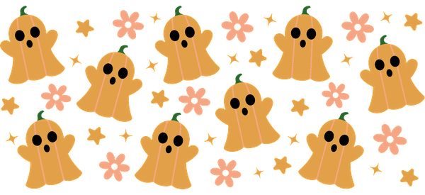 A fun and whimsical pattern featuring cute pumpkin ghosts surrounded by pink flowers and stars, perfect for Halloween decorations!UV Transfers heat press transfers