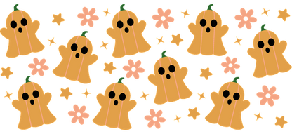 A fun and whimsical pattern featuring cute pumpkin ghosts surrounded by pink flowers and stars, perfect for Halloween decorations!UV Transfers heat press transfers