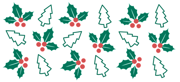 A festive pattern featuring holly leaves with red berries and Christmas trees, perfect for holiday decorations.UV Transfers heat press transfers