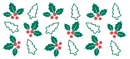 A festive pattern featuring holly leaves with red berries and Christmas trees, perfect for holiday decorations.UV Transfers heat press transfers