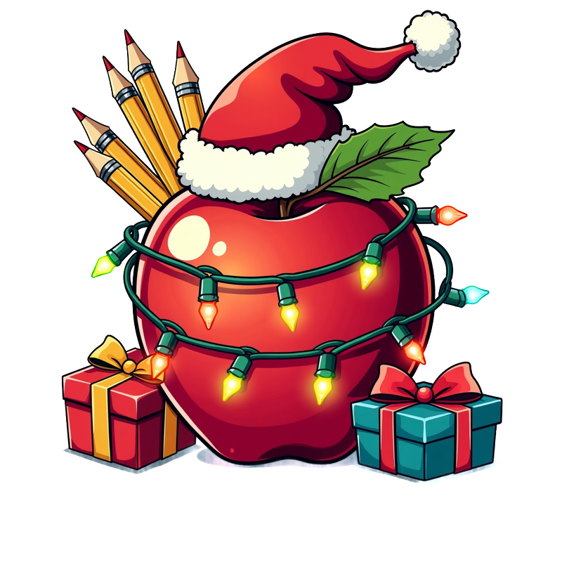 A festive red apple adorned with a Santa hat, surrounded by colorful lights, pencils, and cheerful gift boxes.DTF Transfers