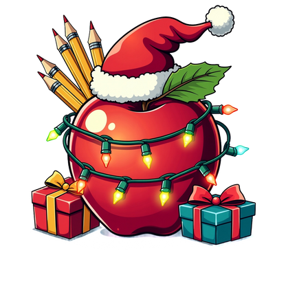 A festive red apple adorned with a Santa hat, surrounded by colorful lights, pencils, and cheerful gift boxes.DTF Transfers