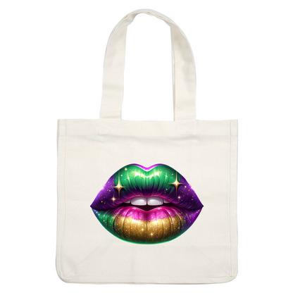 This vibrant graphic features a pair of glamorously decorated lips in green, purple, and gold with sparkling accents.DTF Transfers