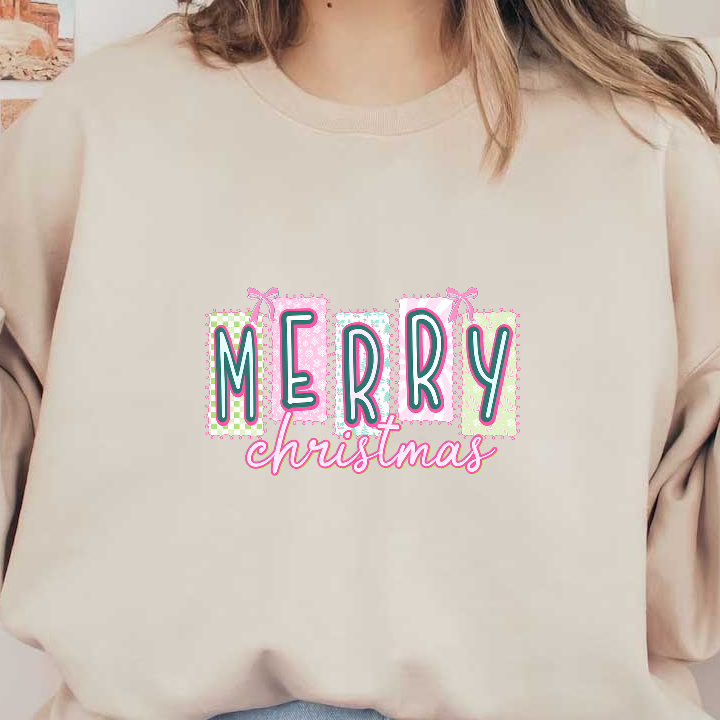 Festive "Merry Christmas" design in cheerful pastel colors with playful patterns.DTF Transfers
