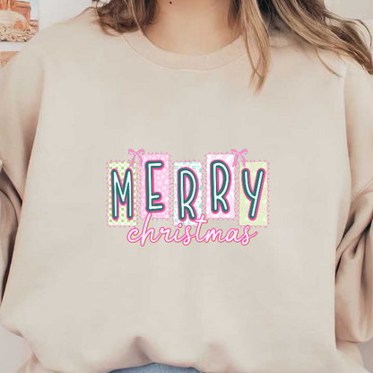 Festive "Merry Christmas" design in cheerful pastel colors with playful patterns.DTF Transfers