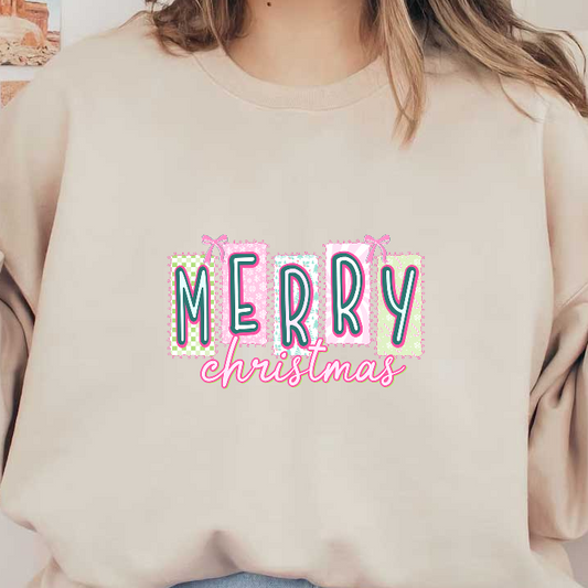 Festive "Merry Christmas" design in cheerful pastel colors with playful patterns.DTF Transfers