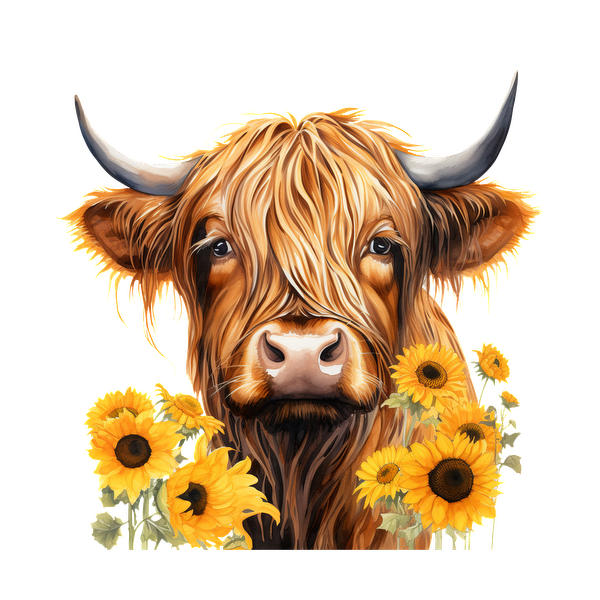 Una encantadora vaca de las Highlands con pelo largo, rodeada de girasoles vibrantes, irradia una atmósfera cálida y alegre.