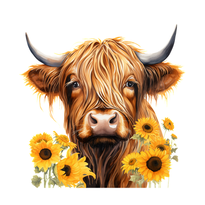 Una encantadora vaca de las Highlands con pelo largo, rodeada de girasoles vibrantes, irradia una atmósfera cálida y alegre.