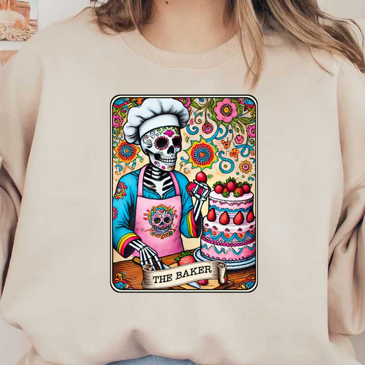 A vibrant, Day of the Dead-themed illustration featuring a skeletal baker holding strawberries and a decorated cake amidst colorful floral designs. dtf prints