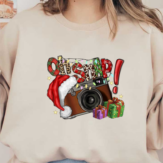 A festive illustration of a vintage camera wearing a Santa hat, surrounded by colorful Christmas lights and gift boxes.DTF Transfers dtf prints