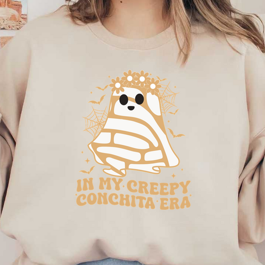 Una divertida ilustración que presenta un simpático fantasma con flores y un texto divertido que proclama "En mi espeluznante era de Conchita".