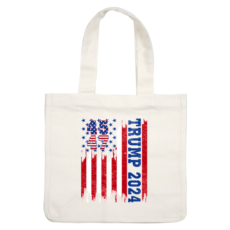 A bold graphic featuring a distressed American flag design with "TRUMP 2024" and the numbers "45" and "47" prominently displayed.DTF Transfers dtf transfers heat press transfers