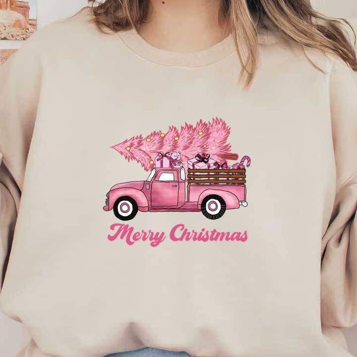 A charming vintage pink truck loaded with gifts and a festive pink tree, adorned with "Merry Christmas" in whimsical lettering. heat press transfers