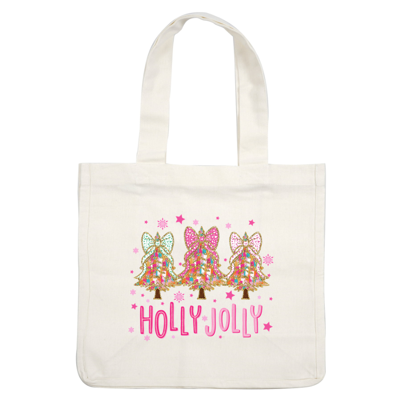 Celebrate the festive season with this cheerful "Holly Jolly" design featuring colorful Christmas trees adorned with vibrant bows and sparkles!DTF Transfers