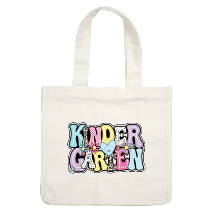 A colorful and playful "KINDERGARTEN" design featuring cheerful typography, flowers, and a smiling heart, perfect for children's education!DTF Transfers