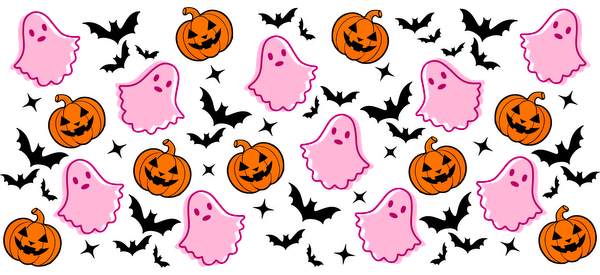 A playful Halloween pattern featuring cute pink ghosts and smiling orange pumpkins, perfect for festive decorations.UV Transfers dtf prints