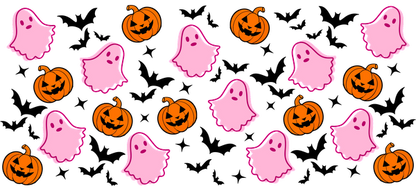 A playful Halloween pattern featuring cute pink ghosts and smiling orange pumpkins, perfect for festive decorations.UV Transfers dtf prints