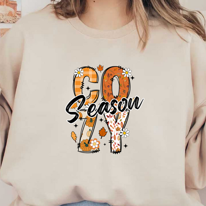 Un diseño vibrante y divertido que muestra las palabras "Cozy Season" con patrones de temática otoñal, flores y colores de temporada.