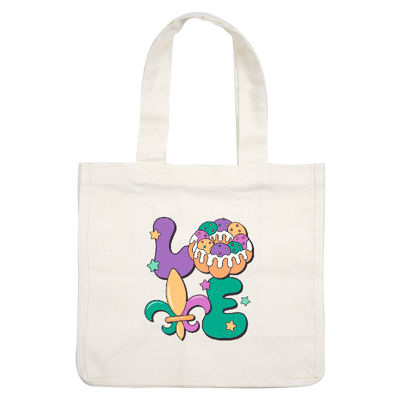 Colorful and whimsical design featuring "LOVE" with a donut topped with frosting and sprinkles, accented by stars and a fleur-de-lis.DTF Transfers