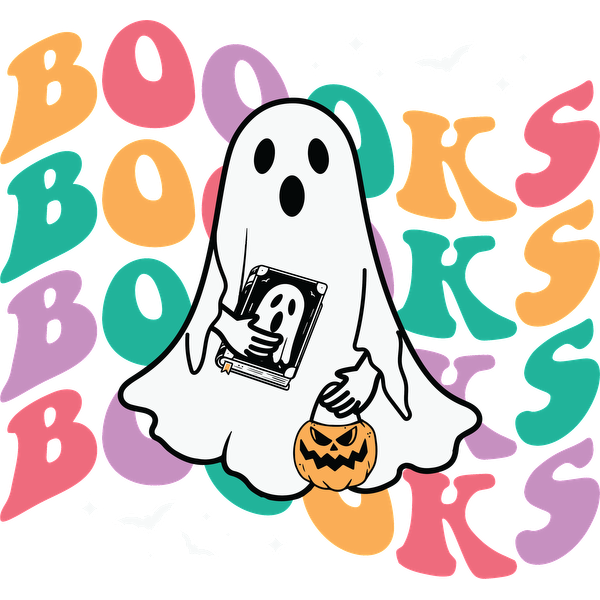 ¡Un lindo fantasma sostiene un libro y una calabaza, rodeado por un texto colorido que dice "LIBROS", perfecto para una temática de Halloween!