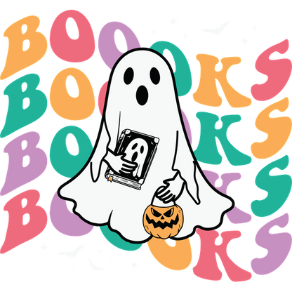 ¡Un lindo fantasma sostiene un libro y una calabaza, rodeado por un texto colorido que dice "LIBROS", perfecto para una temática de Halloween!