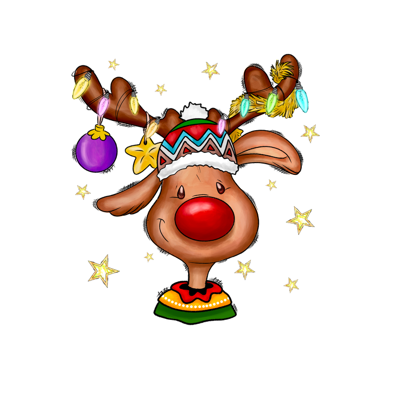 A cheerful cartoon reindeer wearing a festive hat, adorned with colorful ornaments and sparkling stars, perfect for celebrating the holidays!DTF Transfersdtf regular iron