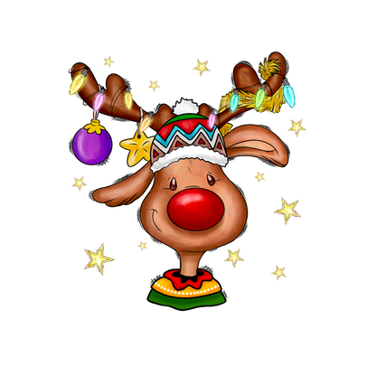 A cheerful cartoon reindeer wearing a festive hat, adorned with colorful ornaments and sparkling stars, perfect for celebrating the holidays!DTF Transfersdtf regular iron