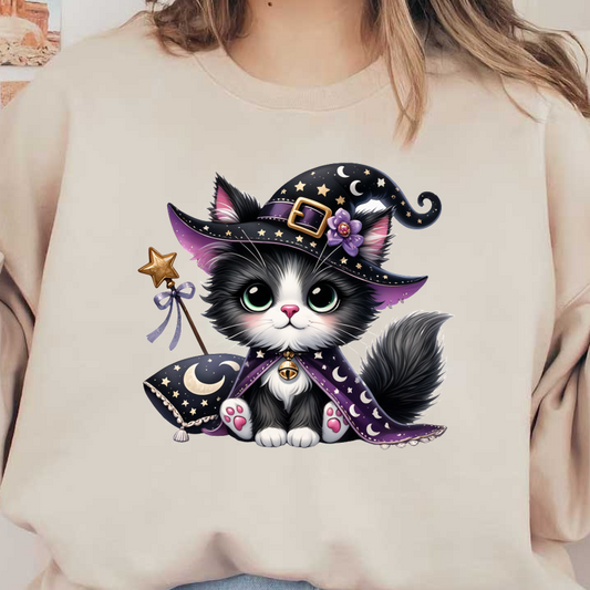 This adorable black and white kitten wears a magical witch hat and cloak, complete with a star wand and playful details.