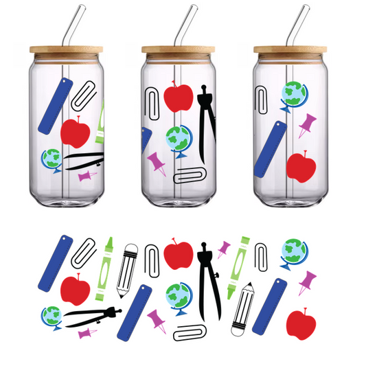 A colorful assortment of school supplies, including pencils, crayons, paper clips, globes, and apples, perfect for a learning environment.UV Transfers dtf prints