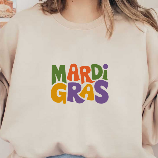 Colorful and playful "Mardi Gras" text, featuring vibrant letters in green, orange, purple, and yellow, capturing the festive spirit.DTF Transfers