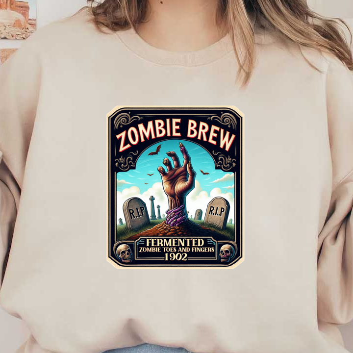 Una peculiar etiqueta de estilo vintage para "Zombie Brew", que presenta una mano que emerge del suelo y celebra los dedos de las manos y los pies fermentados de un zombi.