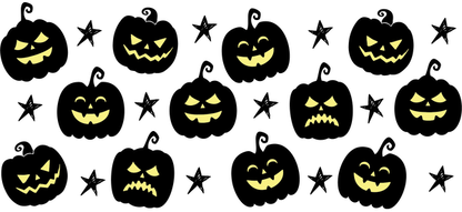 A playful array of yellow Halloween-themed pumpkin faces set against a dark background, featuring various expressions from spooky to cheerful.UV Transfers dtf transfers