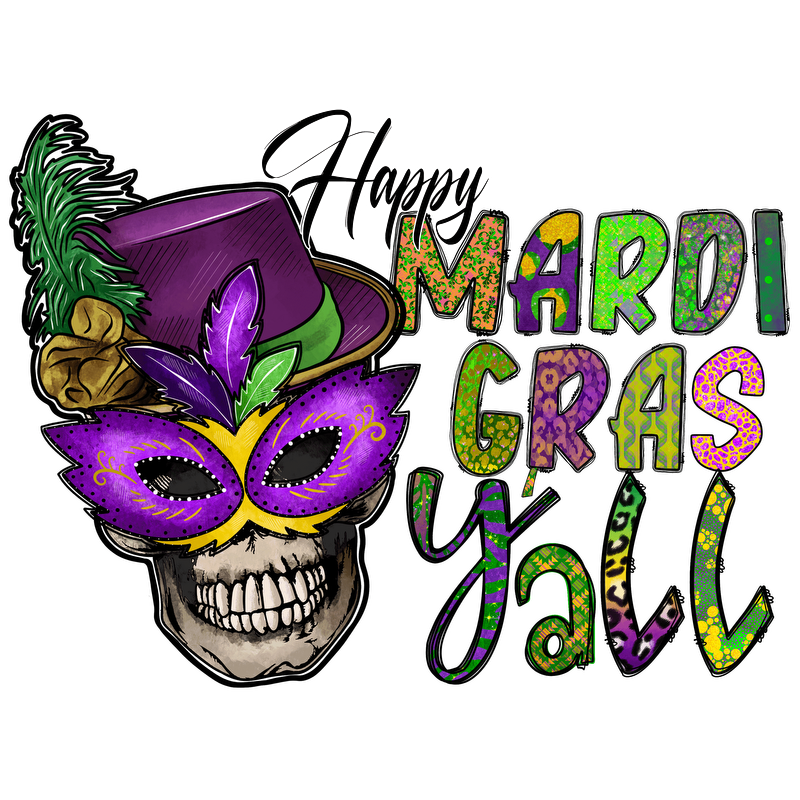 Celebrate Mardi Gras with this vibrant and festive graphic featuring bold, colorful lettering and a fun party hat design!DTF Transfers